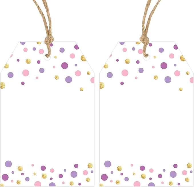 Anwyll Gift Tags with String - 100Pcs Purple Gold Confetti Polka Dot Gift Bag Tags Personalized White Blank Hanging Paper Label Tag for Birthday Party Bridal Shower Wedding Mothers Day Favors Present