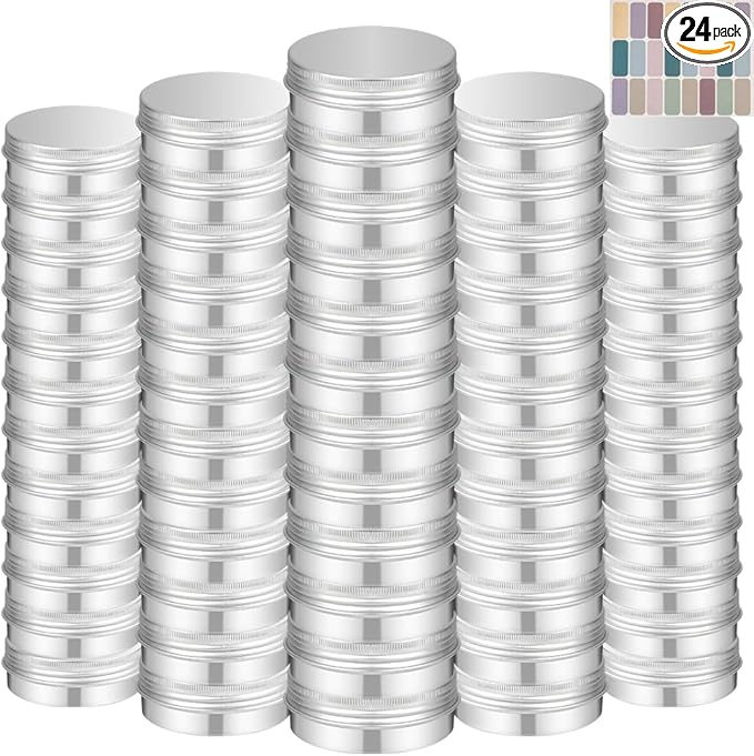 4 oz Tins with Lids, 24 Pack 4oz Tins Wide Mouth Aluminum Tin Cans, Durable Salve Containers Round Metal Tin with Lid and Labels for Spices, Candles or Salve(Silver)