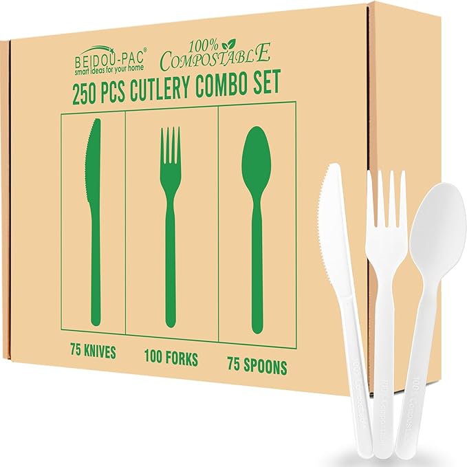 250 Count Large Compostable Forks Spoons Knives Flatware Set, White Heavy-duty Disposable Cutlery Eating Utensils (7 in.) BPI Certified