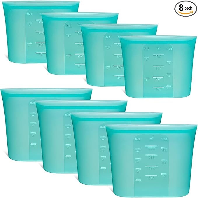 8-Pack Reusable Silicone Food Storage Bags, 100% Silicone Stand-Up Wide-Open Zip-Lock Reusable Storage Bags for Food, Freezer Microwave Oven Dishwasher Safe, Aqua, 4M 4S