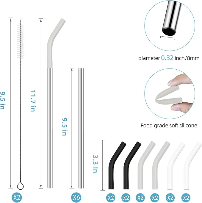 30 oz Stainless Metal Straws for 30 oz Stanley Tumbler, 6Pcs Reusable Straight Long Steel Straws with 12 Silicone Tips and 2 Straw Cleaning Brushes (3Color1, 30oz)