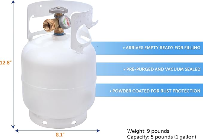 Flame King YSN5LB-GAUGE 5lb Steel Propane Tank Cylinder with Gauge and OPD Valves for Grills and BBQs, Camping, Fishing, & Outdoor Activities, White