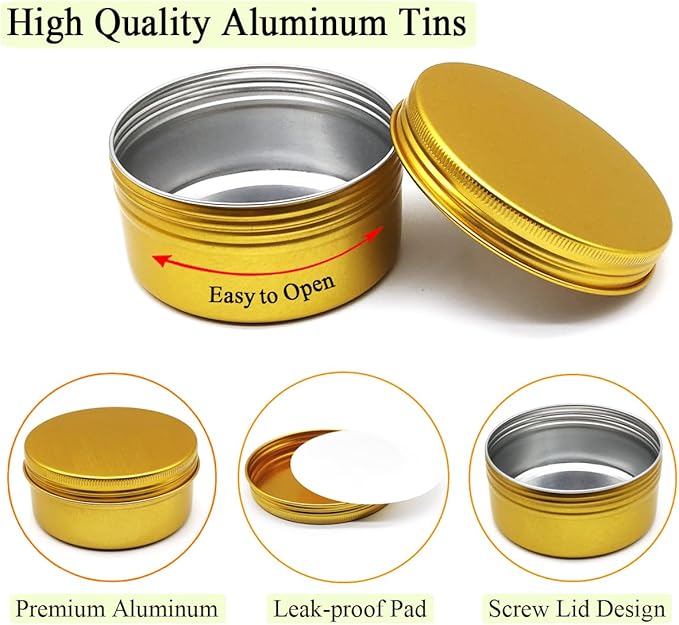4pcs 250ml Round Lip Balm Tin Cans, 250 Gram Aluminum Tins Gold Cosmetic Sample Containers with Screw Lid, 250g Metal Empty Storage Travel Jars for Salves, Lip Balms, Face Cream, Candle, Tea