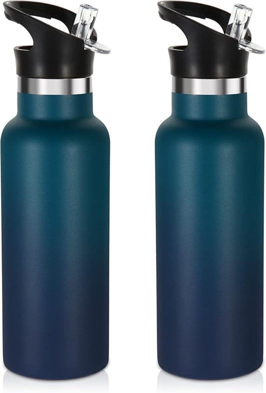 Volhoply 17oz Insulated Water Bottle Bulk 2 Pack,Stainless Steel Kids Water Bottles with Straw Lid,Reusable Metal Water Flask,Double Wall Vacuum Sports School Keep Hot & Cold (Dark Night,2 Set)