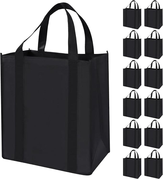 12 Pack Heavy Duty Reusable Grocery Bags - Large Shopping Totes Reinforced Handles, Holds 40 lbs, Foldable and Washable (Black)