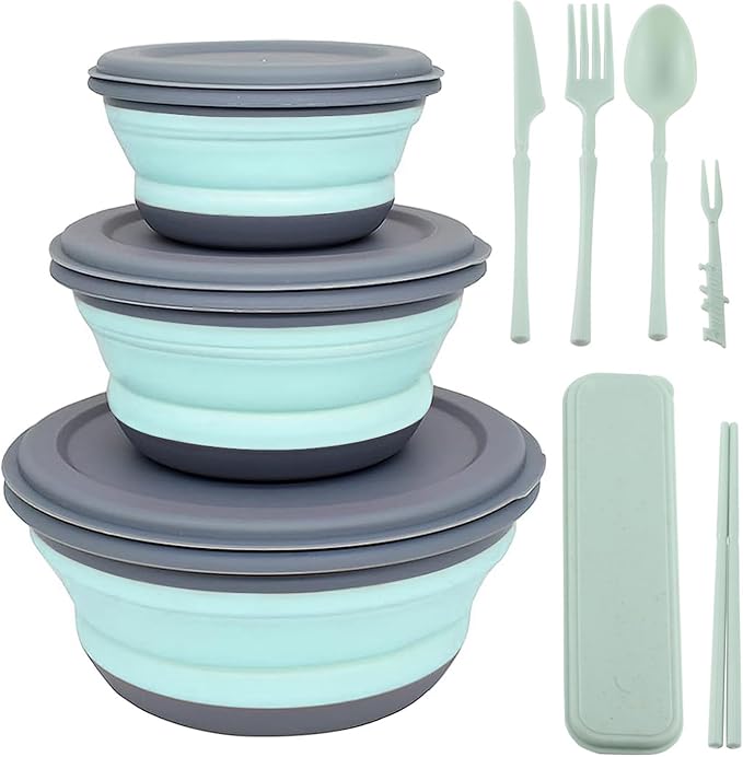 Collapsible Bowl, 3 Pcs Food Grade Silicone Camping Bowl, Expandable Salad Bowl Lunch Box with Lid & Tableware for Travel and Picnic (Blue)