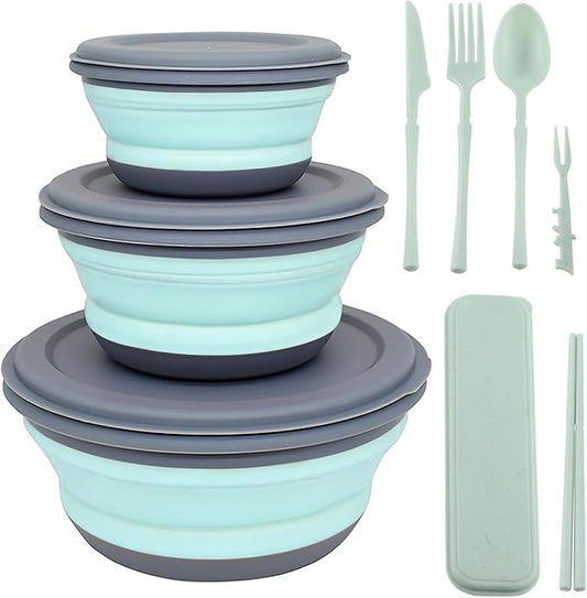 Collapsible Bowl, 3 Pcs Food Grade Silicone Camping Bowl, Expandable Salad Bowl Lunch Box with Lid & Tableware for Travel and Picnic (Blue)