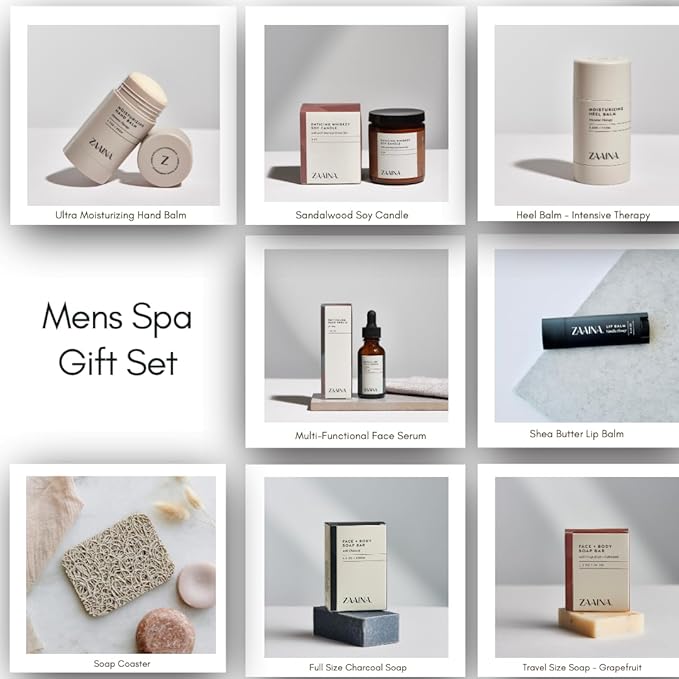 ZAAINA Men’s Self Care Package, Relaxation Spa Gift Set for Him - Luxury Natural Handmade Grooming Kit for Husband Dad Friend, Birthday & Christmas Gifts for Men (Premium Set with Whiskey Candle)
