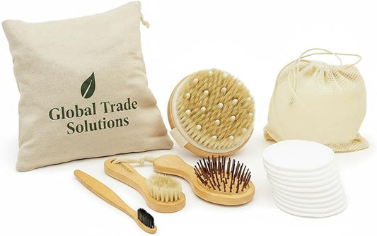 Eco-Friendly Bamboo Personal Care Set – Hair Brush, Massage Brush, Facial Brush, Toothbrush, Reusable Cotton Pads & Storage Bags – Sustainable Zero Waste Gift for Women & Men