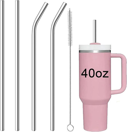 Reusable Straw Compatible for Stanley 40oz Tumbler Metal Stainless Steel Straws,Fit for 40oz Stanley Cup Tumbler,2 Straight + 2 Curved Reusable Straws with Cleaning Brush
