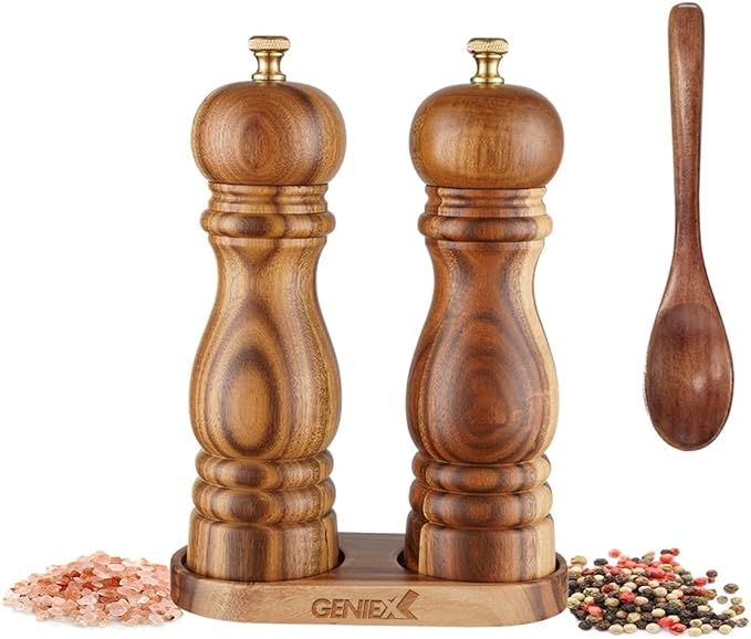 QUEEN Acacia Salt Pepper Grinders Refillable Set, Acacia Wood Salt and Pepper Set, Easy Refillable Manual Wooden Salt Pepper Grinder with Tray 2pcs, Perfect Housewarming Gifts