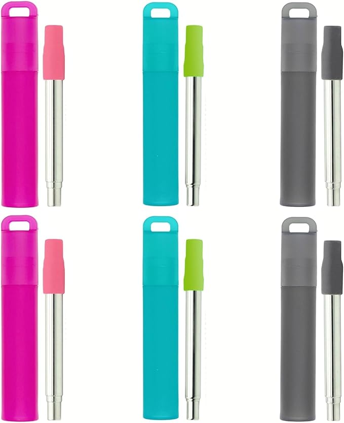 NAIVELY-Reusable Straws 6 Pack Collapsible Portable Stainless Steel Straws with Case,Silicone Tips and Cleaning Brush,Retractable Portable Travel Straw