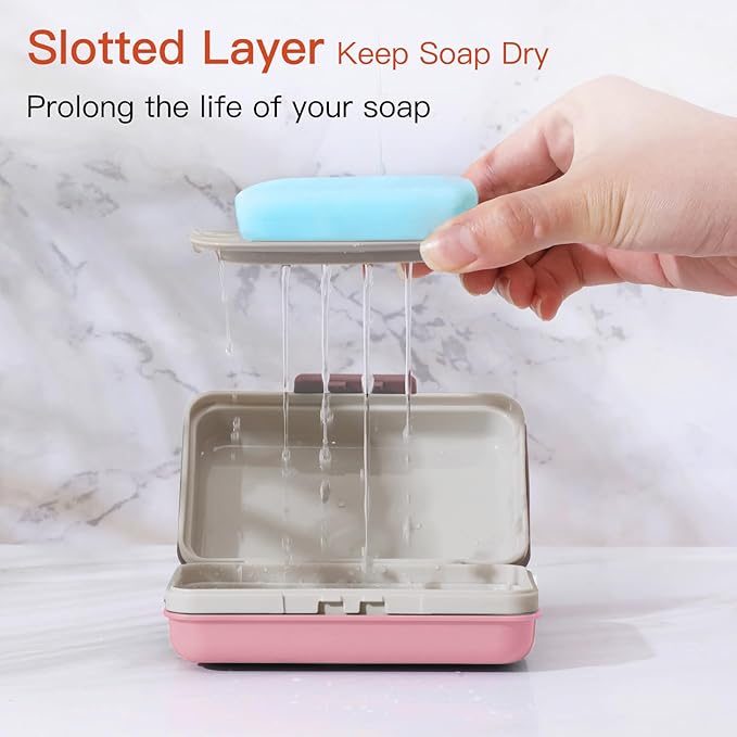 Quatish Bar Soap Holder Dish 1 Pack for Shower, Travel Soap Case with Lid for Gym, Camping Essentials, Hiking, Travel Size Toiletries, Portable, Leakproof, Pink
