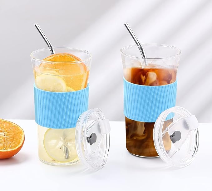 2 Pack 16 oz Iced Coffee Cups with Lids & Straw, Reusable Glass Tumbler with Silicone Sleeve, Wide Mouth Can-Shaped Design for Juice, Smoothie, Water (Blue)