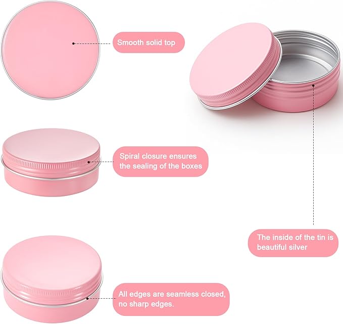 Patelai 72 Pcs 2 oz Aluminum Tins Salve Containers with Screw Lid and Labels Round Cans Travel Cosmetic Metal Tins Jar for Candles Lotion Bars Balms Food Spice Candies DIY Crafts(Pink)