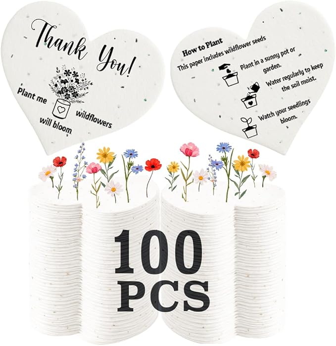 Plantable Seed Paper Hearts 100 Pcs | Handmade Seed Paper Embedded with Wildflower Seeds | Party Favors for Baby Shower | Wedding Favors for Guests | Small Business Thank You Cards