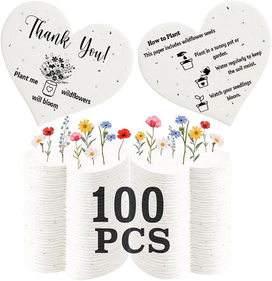 Plantable Seed Paper Hearts 100 Pcs | Handmade Seed Paper Embedded with Wildflower Seeds | Party Favors for Baby Shower | Wedding Favors for Guests | Small Business Thank You Cards