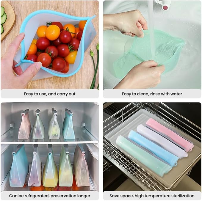 Reusable Silicone Food Storage Bags: Leak-Reistent Stand-up Pouches for Meal Prep, Sandwiches, Snacks, Baby Food, 3 Pack (500ml, 1000ml, 1500ml). BPA-Free, Freezer and Dishwasher Safe, Eco-Friendly