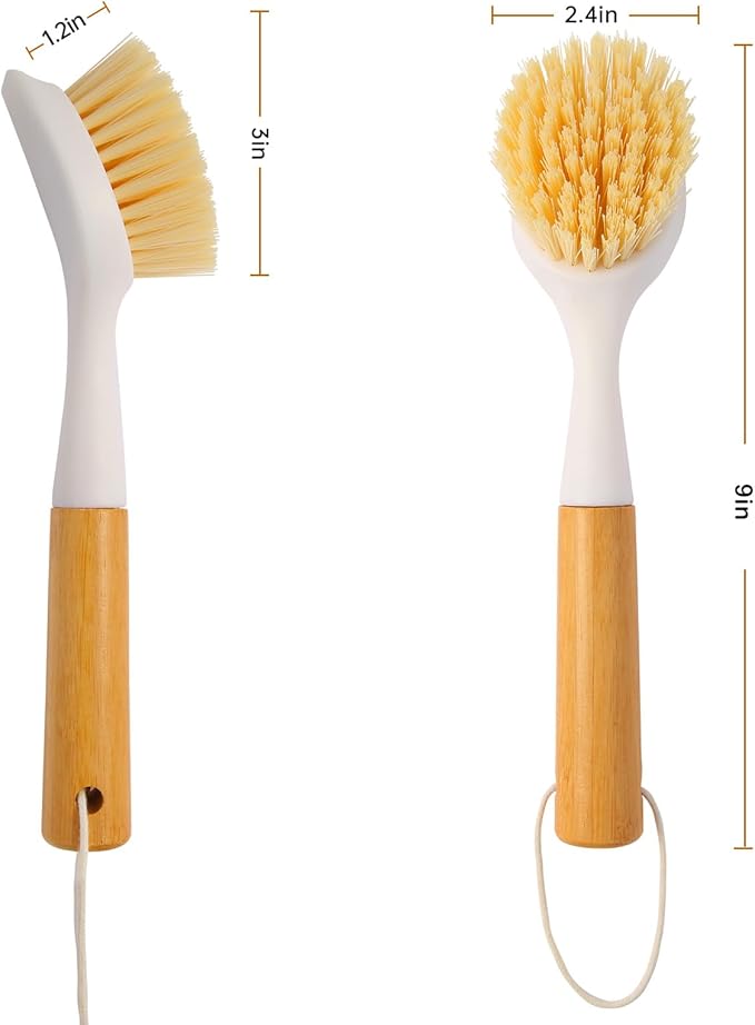 3 Pack Dish Brush Set with Bamboo Handle, Dish Scrubber Built-in Scraper, Kitchen Scrub Brush for Cleaning Cast Iron Cookware, Pans, Pots, Counter & Kitchen Sink (White)