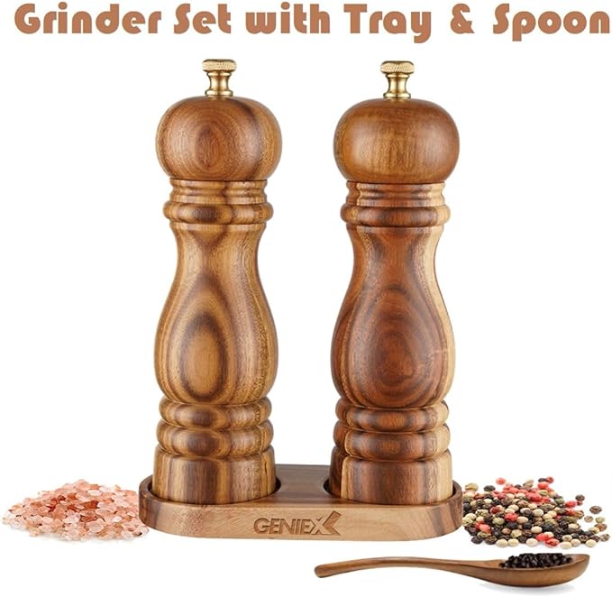 QUEEN Acacia Salt Pepper Grinders Refillable Set, Acacia Wood Salt and Pepper Set, Easy Refillable Manual Wooden Salt Pepper Grinder with Tray 2pcs, Perfect Housewarming Gifts