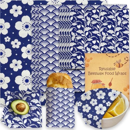 Reusable Beeswax Wraps, Indigo Blue Floral Wave and Leaf Wraps, 9 Pack Sandwich Bowl Bread Food Storage, Organic Sustainable Zero Waste Plastic-Free, 1XL, 3M, 5S by Unknown