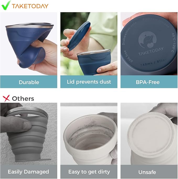 TakeToday 2PCS Collapsible Travel Cup - Silicone Foldable Water Cup, BPA-Free with Lid & Waterproof Bag - Drinking Cup Set for Camping, Outdoors & International Travel（8 Oz, Blue& Green）