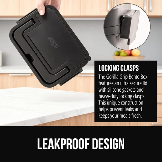 GORILLA GRIP BPA-Free Leakproof 3-Compartment Bento Lunch Box for Adults, Kids, Microwave Safe Hot and Cold Food Containers, Easy to Carry Lid Includes Built-In Utensils Set, Holds 5 Cups, Black