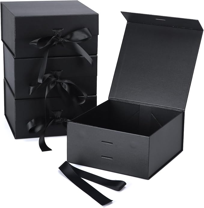 Giftgarden 4 Pack 8”x8”x4” Black Gift Boxes with Ribbon Magnetic Lids, Square Collapsible Gift Wrap Box Magnet Clourse for Present, Christmas, Birthday, Wedding, Valentines, Bridesmaid Proposal Box