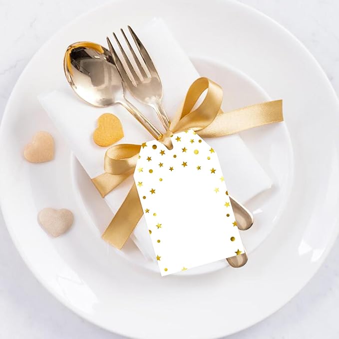 jijAcraft Gift Tags with String, 100Pcs Gold Foil Star Blank Gift Wrapping Labels, 3.3x2.1 Inch White Paper Name Tags for Wedding, Birthday, Baby Shower