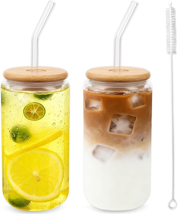 Glass Cups with Lids and Straws 16 oz, 2-Pack Borosilicate Glass Tumbler with Bamboo Lids & Glass Straws, for Iced Coffee, Bubble Tea, Beer, Reusable Drinking Glasses Set Include Cleaning Brush