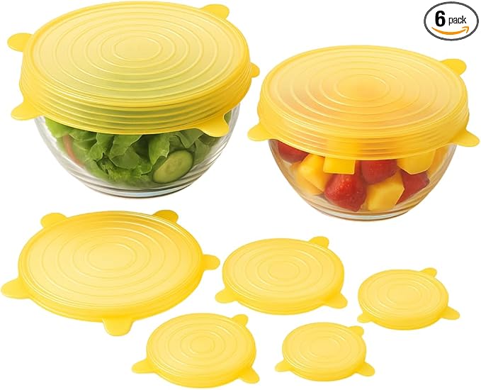 Reusable Silicone Stretch Lids | 6 Pack Food Storage Covers for Bowls, Containers & Cups | Airtight, Leakproof, BPA-Free, Microwave & Freezer Safe | Flexible Reusable Food Savers Yellow