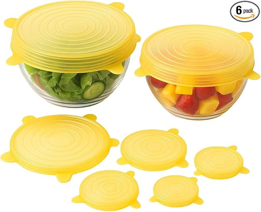 Reusable Silicone Stretch Lids | 6 Pack Food Storage Covers for Bowls, Containers & Cups | Airtight, Leakproof, BPA-Free, Microwave & Freezer Safe | Flexible Reusable Food Savers Yellow