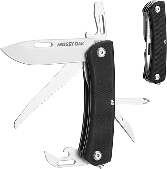 MOSSY OAK Multitool Pocket Knife – 10-in-1 Folding Pocket Knife Multitool with Stainless Steel Blade, Saw, Can Opener, Screwdrivers – EDC Tool for Camping, Hiking, Survival