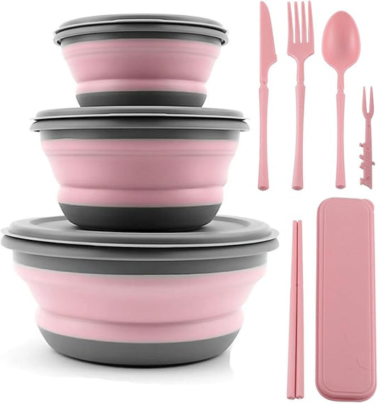Collapsible Bowl, 3 Pcs Food Grade Silicone Camping Bowl, Expandable Salad Bowl Lunch Box with Lid & Tableware for Travel and Picnic (Pink)