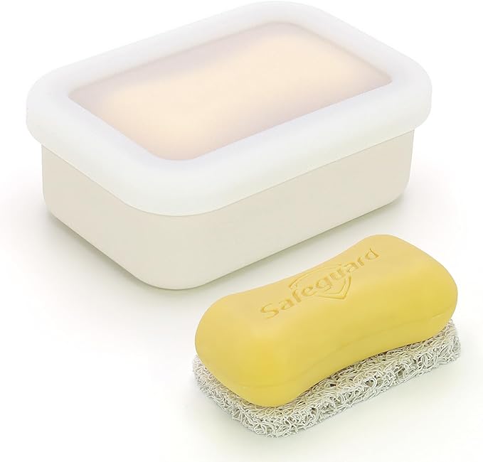 Enhanced Leak Proof Traveling Soap Container,Compact Silicone Travel soap case with Drainage Layer,Shatterproof Soap Box with a See-Through lid for Bathroom,Gym,Camping (Clear&Offwhite)