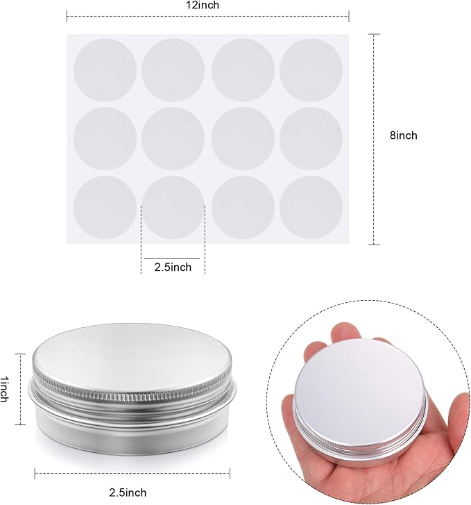 Patelai 72 Pcs 2 oz Aluminum Tins Salve Containers with Screw Lid and Labels Round Cans Travel Cosmetic Metal Tins Jar for Candles Lotion Bars Balms Food Spice Candies DIY Crafts(Silver)
