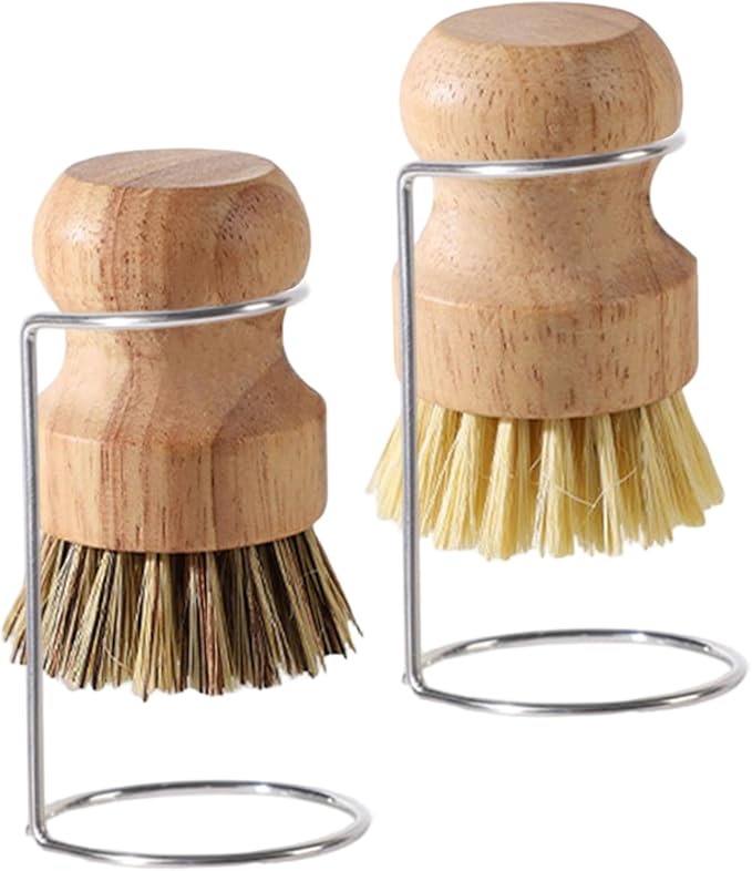 Bamboo Brush for Dishes, 2Pcs Bamboo Dish Brushes Natural Dish Scrubber with 2 Drainage Racks Wooden Dishwashing Brush for Washing Dishes, Pots, Pans and Sink