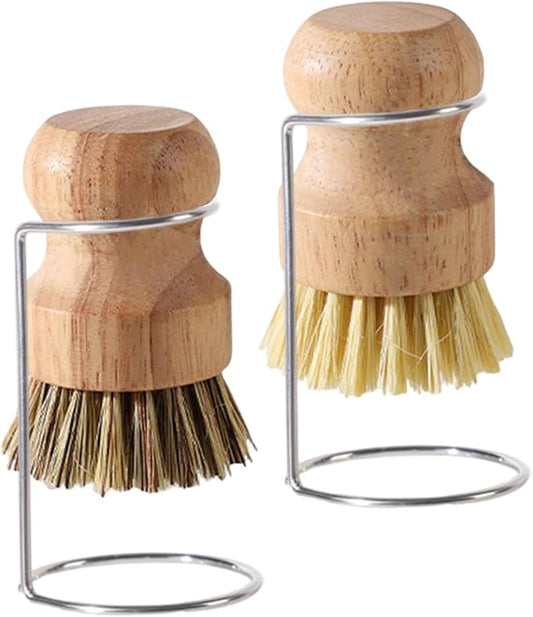 Bamboo Brush for Dishes, 2Pcs Bamboo Dish Brushes Natural Dish Scrubber with 2 Drainage Racks Wooden Dishwashing Brush for Washing Dishes, Pots, Pans and Sink