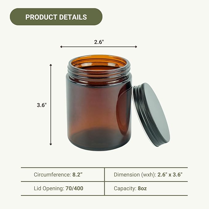 Glass Amber 8oz Jar - 12 Packs, Empty Round Jars For Beauty Products, Lotion, and Powders - Black Lid - Small Candle Jars