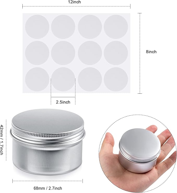 Patelai Silver Christmas Aluminum Tin Cans 24 Pcs 4 oz Round Metal Tin Jar Containers Refillable Aluminum Storage Cans with Screw Lid and 10 Sheets Label Sticker for Salve Spice Candy Candle