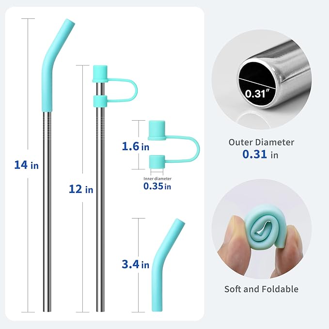 Metal Straws for 40 oz Stanley Cup, 6 Pcs Extra Long Reusable Stainless Steel Straws with Silicone Tips for 40 oz Tumbler and Clean Brush