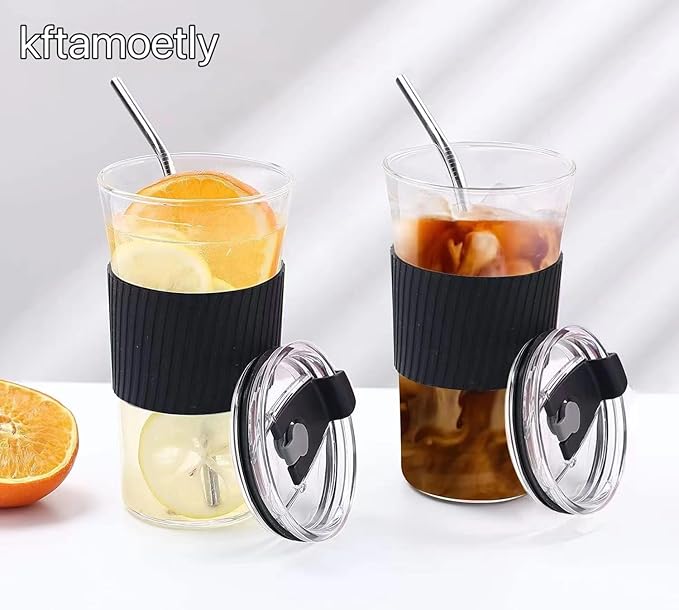 2 pcs Iced Coffee Cups with Lids, 16 oz Glass Cups with Lids and Straws, Reusable Tumbler with Silicone Sleeve, Wide Mouth Can Shaped Drinking Glasses for Coffee Juice Water Smoothie (Black)