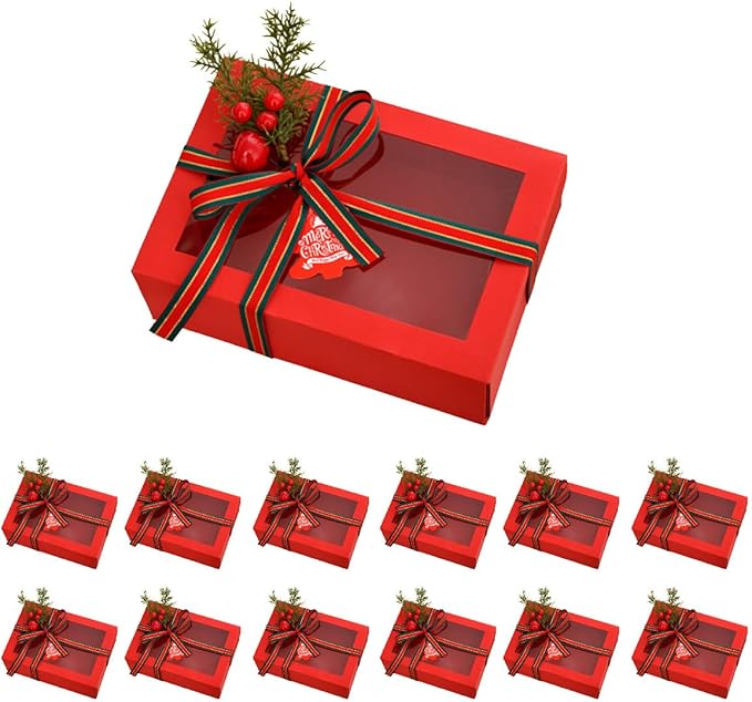 12 Pack Christmas Gift Boxes with Clear Window, Red Christmas Gift Boxes with Ribbon, Pine Sprigs & Berry Decorations for Holiday Wrapping, 8.7x5.9x2.8 Inch (RED)
