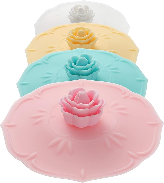 rose Silicone Cup Covers (Set of 4) ， Multicolored Silicone Lids for Mugs, Cups, Tea Pots,Flexible Mug Covers，Hot Cup Lids for Coffee & Tea