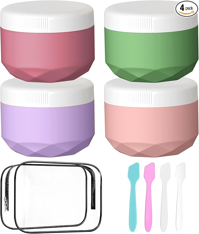 Travel Containers for Toiletries, 4-Pack TSA Approved Silicone Jars (2.5oz) - BPA Free Leakproof Cosmetic Containers for Creams, Lotion, Skincare & Makeup with Bonus Waterproof Bag