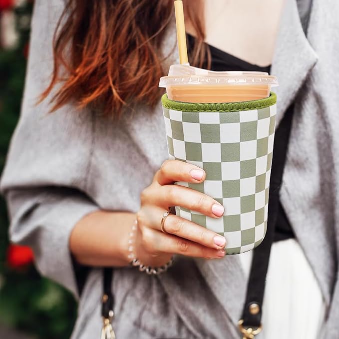 3 Pieces Reusable Insulated Neoprene Iced Coffee Cup Sleeve, Durable Drink Sleeve for Cold Beverages, Beverage Holder for Iced Coffee, 22-24 oz Medium (Checkered Delight)