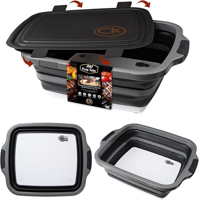 New XL Collapsible BBQ Prep Tub with LOCKING Lid, Cutting Board & Drain Hole | BPA-Free, Food-Grade, Recyclable, Space-Saving Caddy for Grilling, Camping, Kitchen & Outdoor Cooking (Black, 16 Liters)
