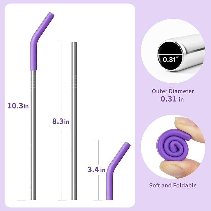 Stainless Steel Straws for 20 oz Yeti Tumbler, 5 Pcs Metal Straws Reusable with Silicone Tip for 20 oz Stanley Cup and 16 oz Glass Tumbler, Cleaning Brush, 1 Portable Bag