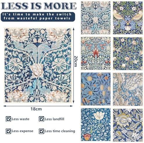 8 Pcs Foliage Swedish Dishcloths Vintage Blue Floral, 7 x 8 Inch - Image 2