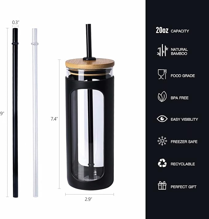 Kodrine 20oz Glass Tumbler with Straw and Lid, Bamboo Lids Water Bottle, Reusable Iced Coffee Cups, Wide Mouth Smoothie Cup with Protective Silicone Sleeve BPA FREE-Black+Pink-2pack